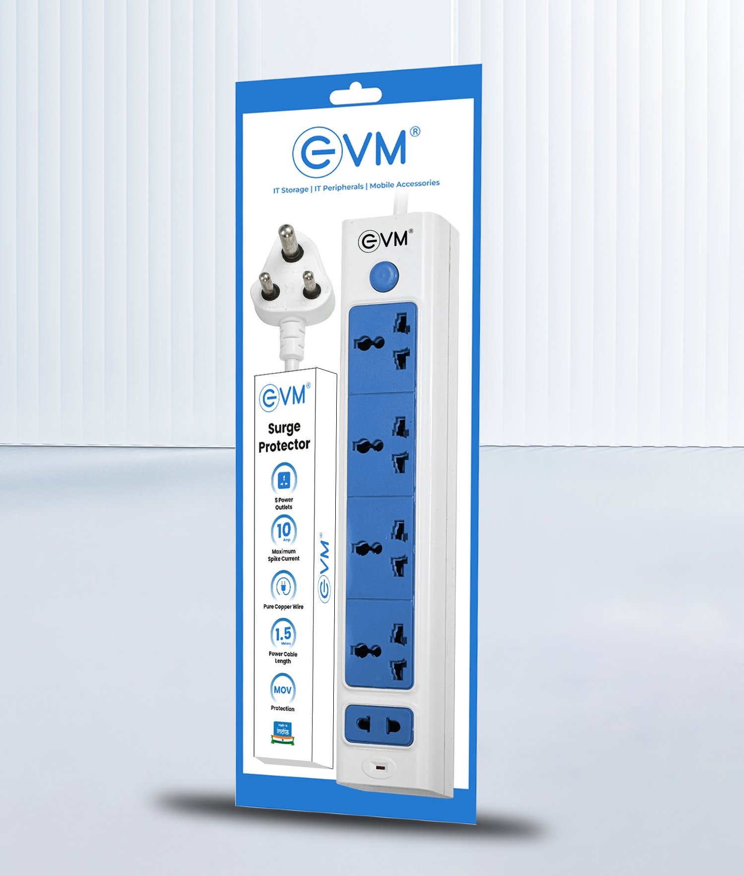 Spike Guard EVM EnSurge-01 Surge Protector 1.5Mtr | 4 Socket 1.2 Pin, 10 Amp, 5 Power Outlets, Pure Copper Wire, Master Push Button Switch, Ideal For Home & Office Use, White