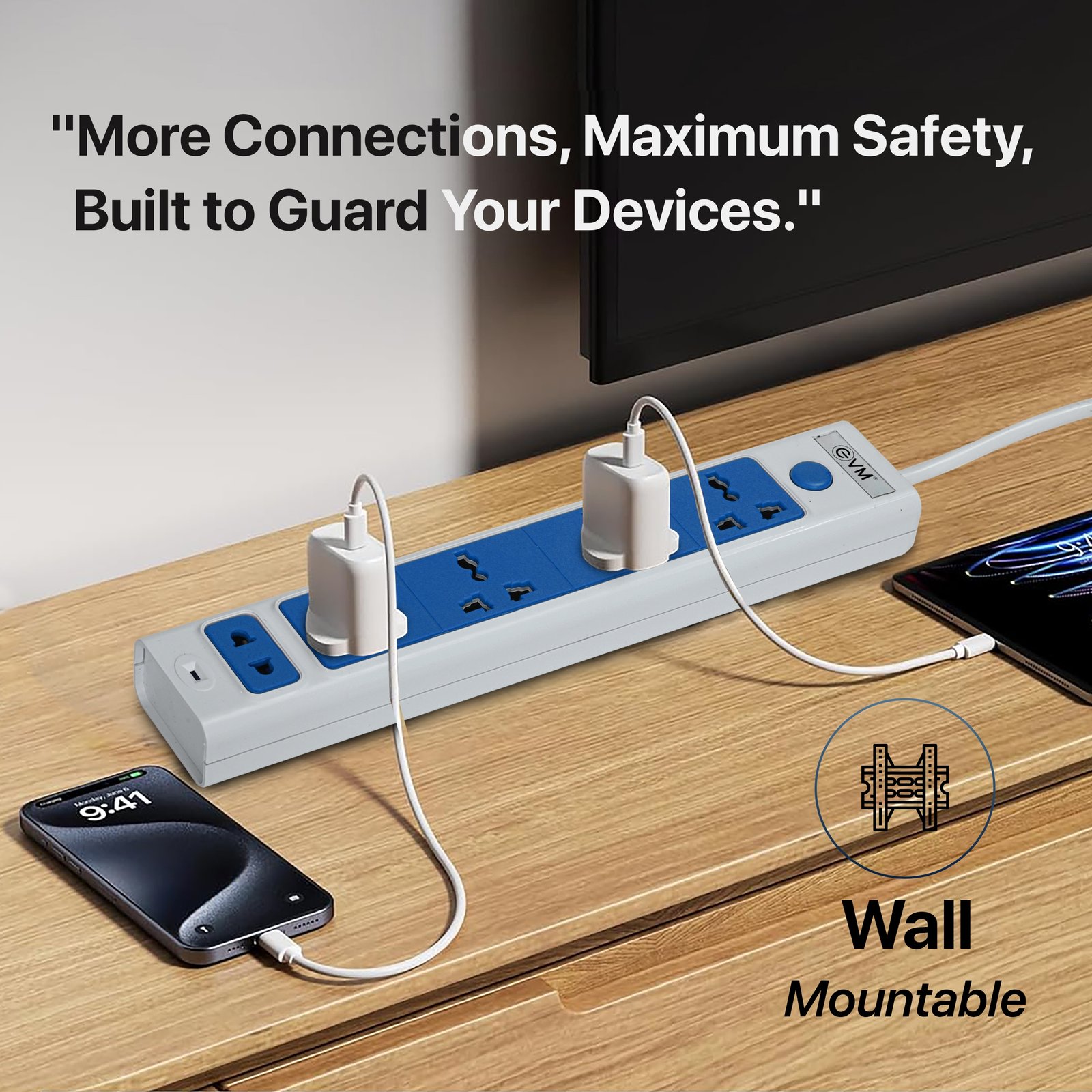 Spike Guard EVM EnSurge-01 Surge Protector 1.5Mtr | 4 Socket 1.2 Pin, 10 Amp, 5 Power Outlets, Pure Copper Wire, Master Push Button Switch, Ideal For Home & Office Use, White