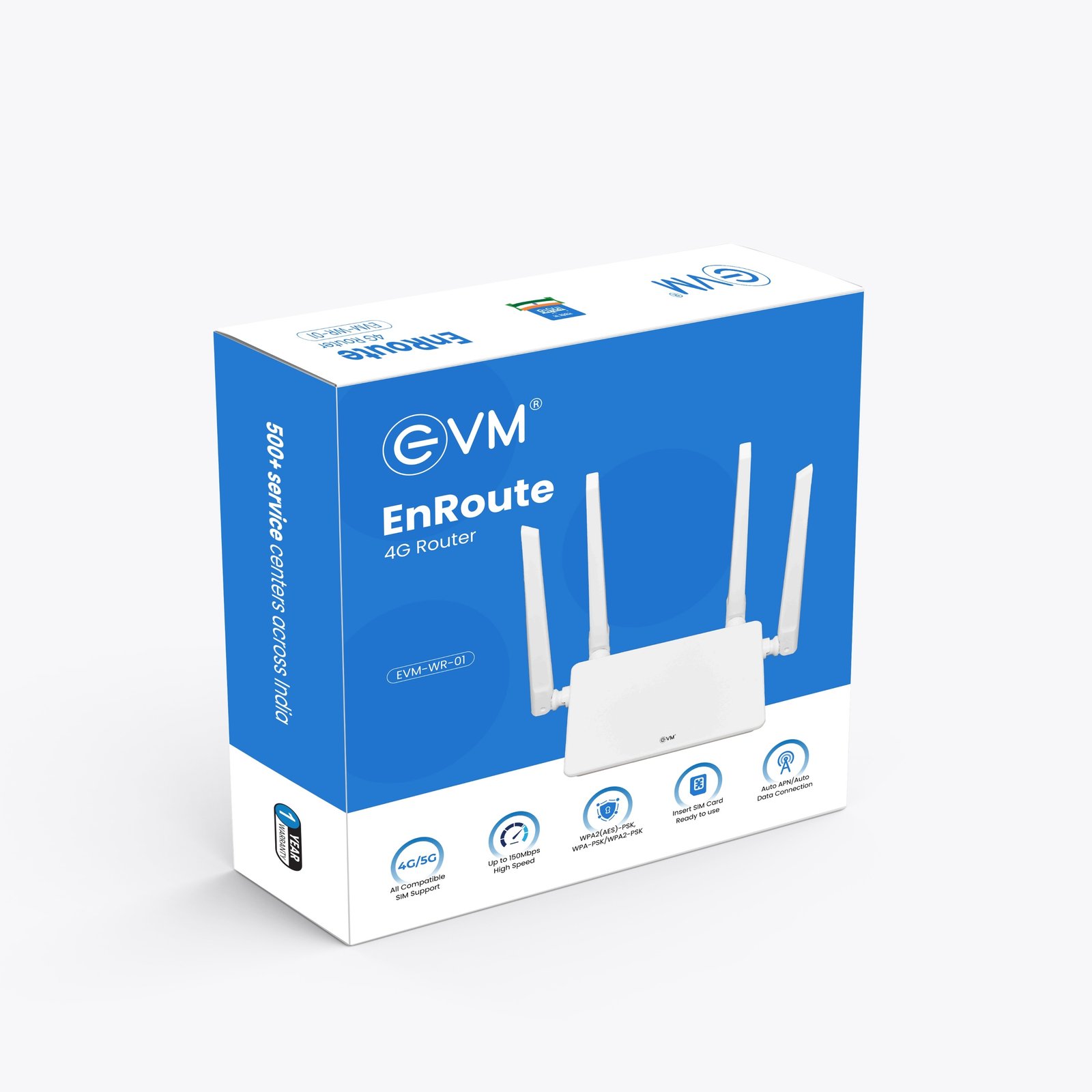 Router EVM EnRoute EVM-WR-01 4G / 5G SIM Router | 1FE 10/100Mbps + Nano Sim Slot + WiFi6 + LAN + 4 Antenna, Upto 150Mbps High Speed, Auto APN / Auto Data Connection, Wide Range Signal, Safe Technology, Current Protection, High Durability, White