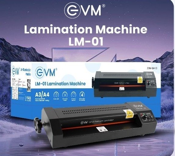 Lamination Machine EVM LM-01 | A3/A4 hot & cold lamination, heats in 3–5 mins, 0.35m/min speed, forward & reverse control, 620W power, supports up to 1mm thickness, wrinkle & bubble-free output, durable design, black
