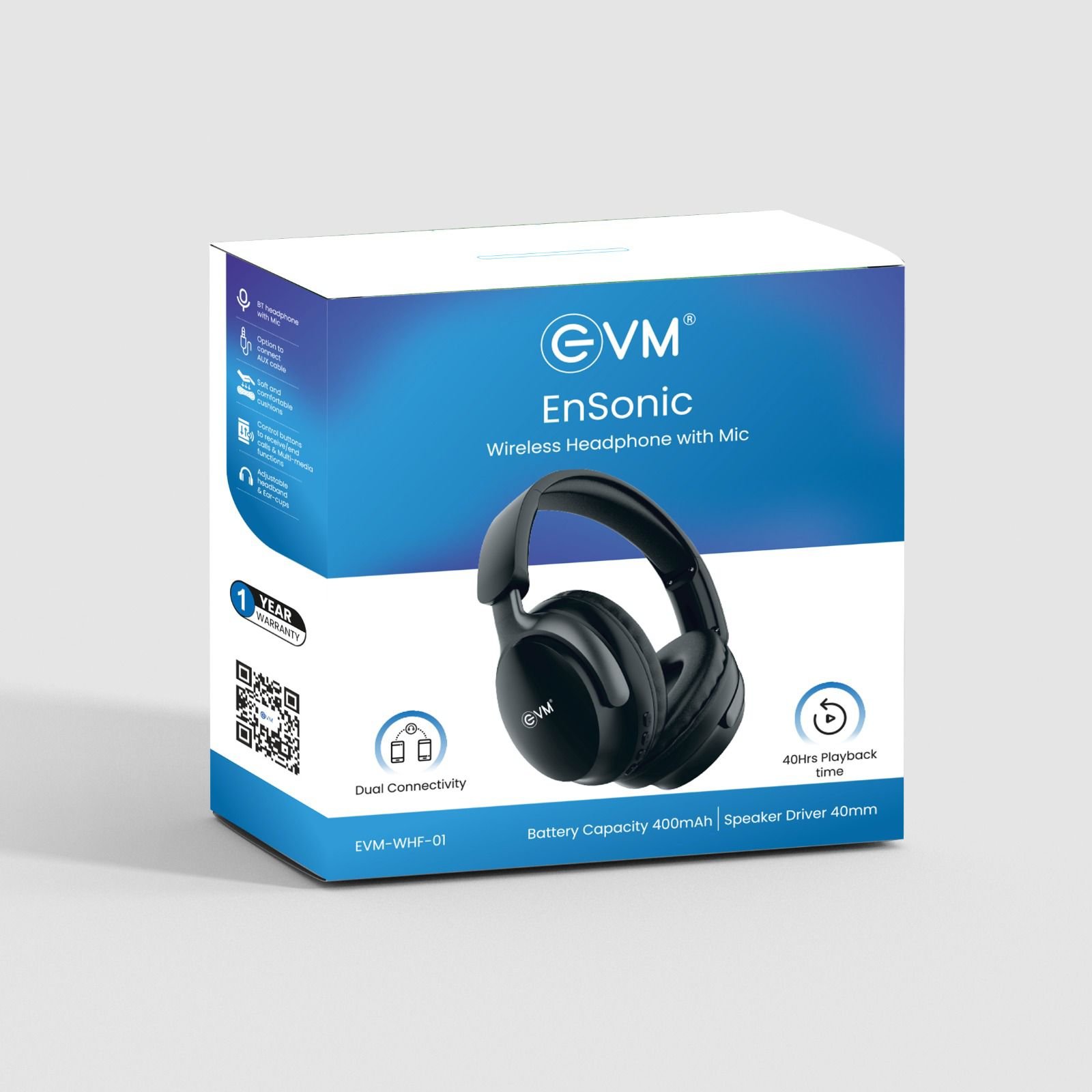 Headphone EVM EnSonic EVM-WHF-01 | Wireless Blutooth Headphone With Mic, 40 Hours Playtime, Dual Connectivity, Bluetooth 5.3 + EDR, 400mAh Rechargeable Battery, Type-C Interface, Aux Cable Interface, Raised Buttons, 40mm Speaker Driver, Black