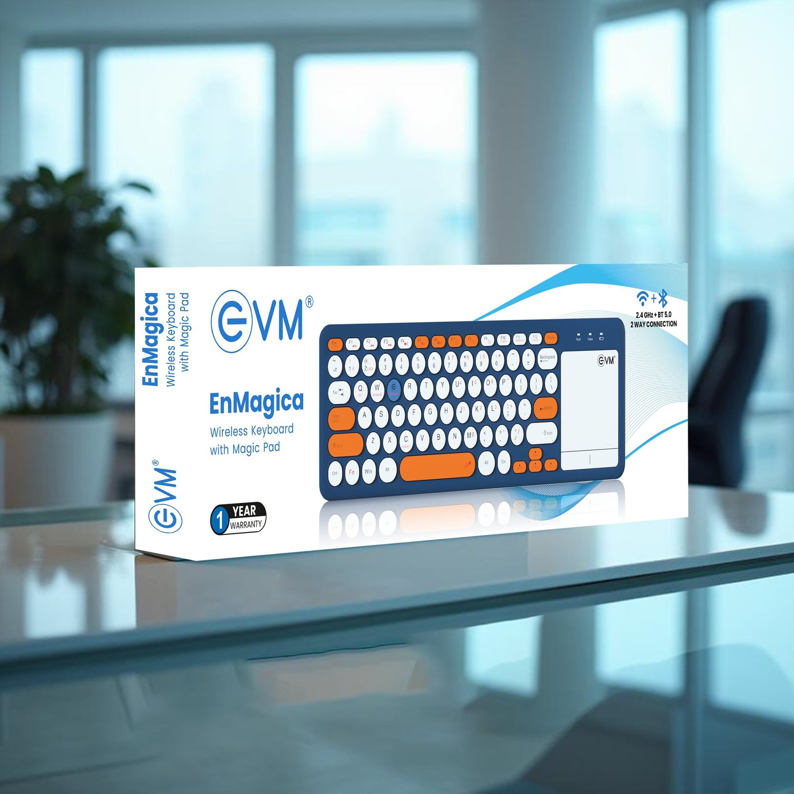 Keyboard EVM EnMagica WLK-027 Wireless Keyboard With Magic Pad | 2.4G + Bluetooth 5.0, USB Receiver, Numbs Lock Indicator, Smooth Keystrokes, Slim & Lightweight, Plug & Play, Blue