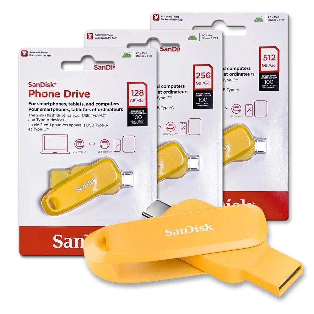 Pendrive SanDisk 2-in-1 USB 3.2 Gen 1 Mobile Pen Drive 512GB SDDDC6-512G-I46YD | USB Type-C & Type-A For Smartphones, Tablets & Computers, Yellow Daffodil