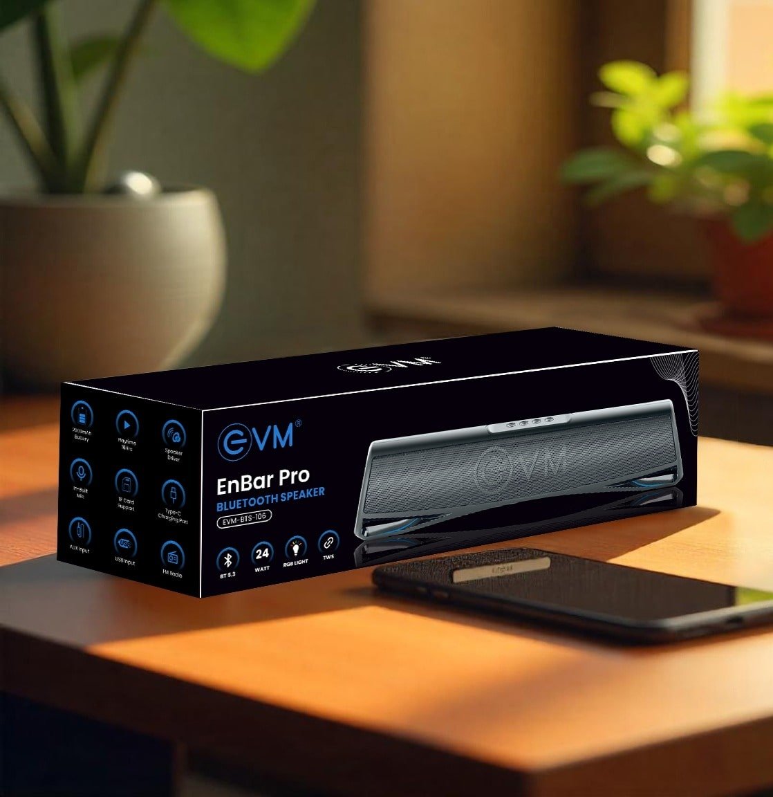 Speaker EVM EnBar Pro Bluetooth Speaker EVM-BTS-106 | 5.3 Bluetooth Version, 16 Hours Playtime, RGB Lights, 24 W RMS, 5.2cm x 2 Speaker Driver, 1200 mAh Battery, Built-in Mic, Black