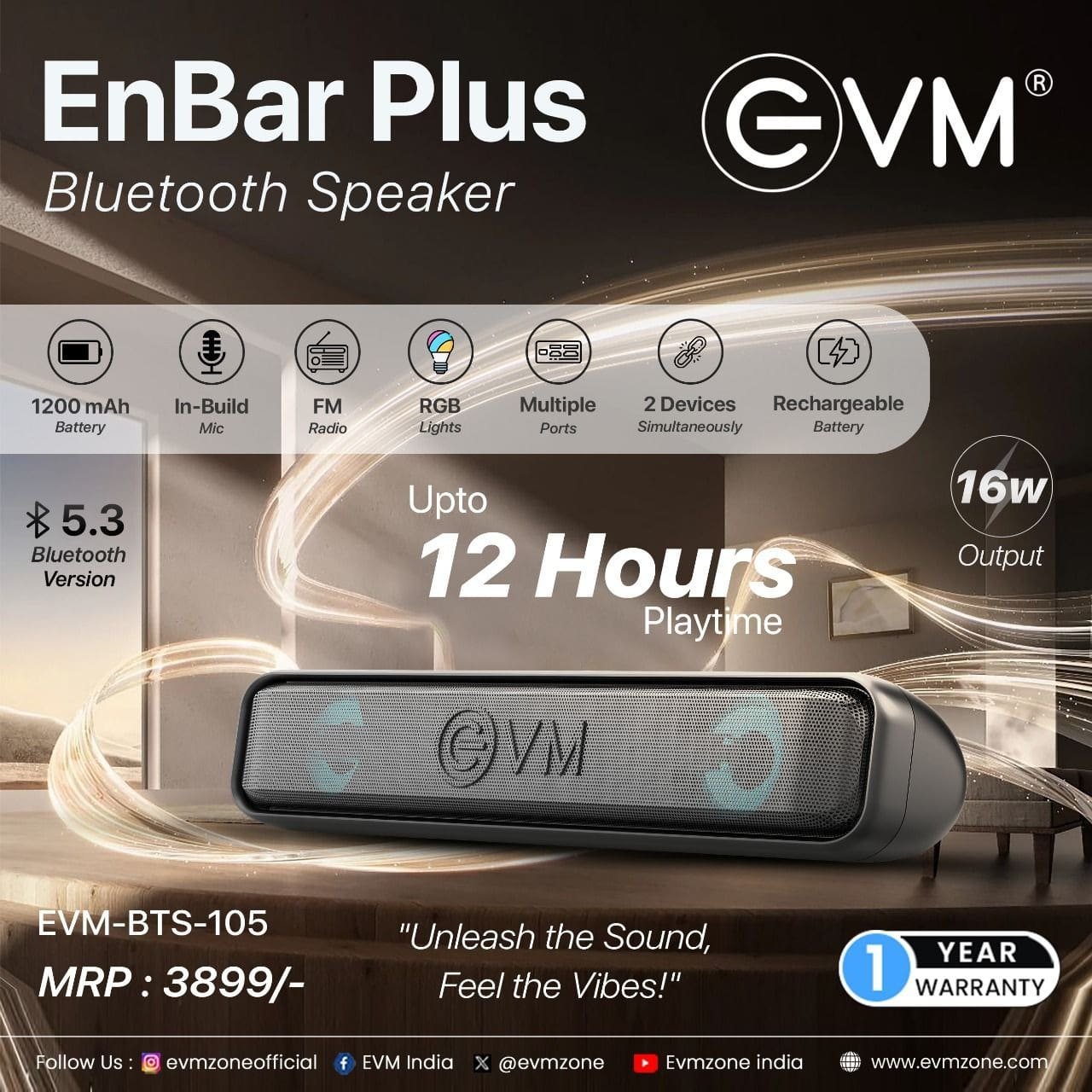Speaker EVM EnBar Plus Bluetooth Speaker EVM-BTS-105 | 5.3 Bluetooth Version, 12 hours Playtime, RGB Lights, 16 W RMS, 5.2cm x 2 Speaker Driver, 1200 mAh Battery, USB Type-C Charging Input Port, Built-in Mic, Black