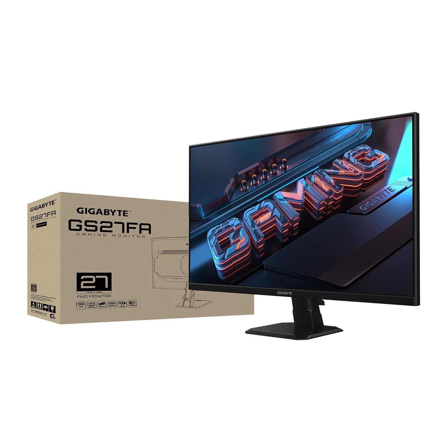 Monitor Gigabyte Gaming 27 Inch GS27FA | SS IPS Display, 180Hz, 1920 X 1080 (FHD), 300 cd/m2 (TYP) Brightness, 16.7M Display Colors, 1Ms (MPRT) Response Time, 105% Srgb, 2 x HDMI 2.0, 1 x Displayport 1.4, HDR Ready, Flicker-Free, VESA Wall Mounting, Black