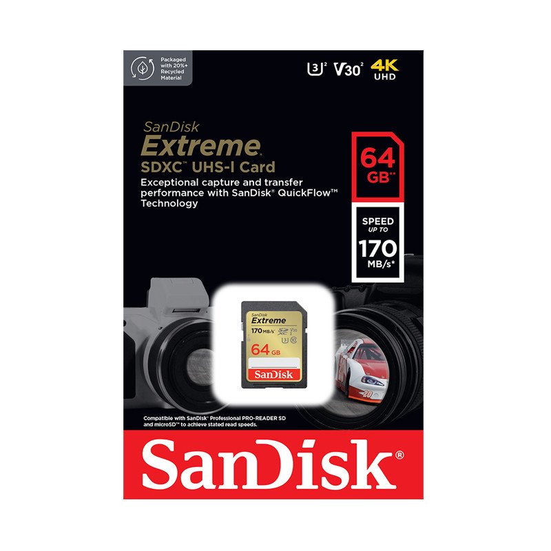 Card SD SanDisk Extreme 64GB SD UHS-I SDSDXV2-064G-GNCIN | U3, V30, 4K,170MB/s Read & 80MB/s Write Speed, Card For 4K Video For DSLR & Mirrorless Cameras