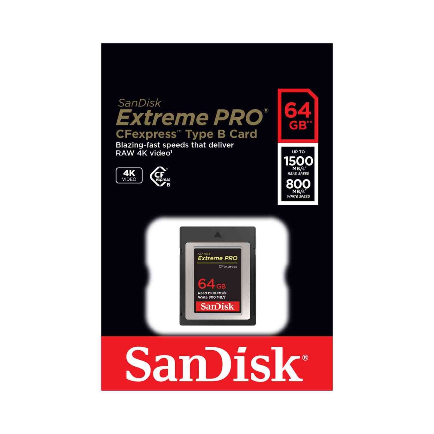 Card SanDisk SDCFE-064G-GN4NN Extreme Pro Cfexpress Type B Card,1500 MB/s R & 800 MB/s , Smooth 4K Video performance, Capture  RAW 4K video with sustainable, latency-low performance | Black
