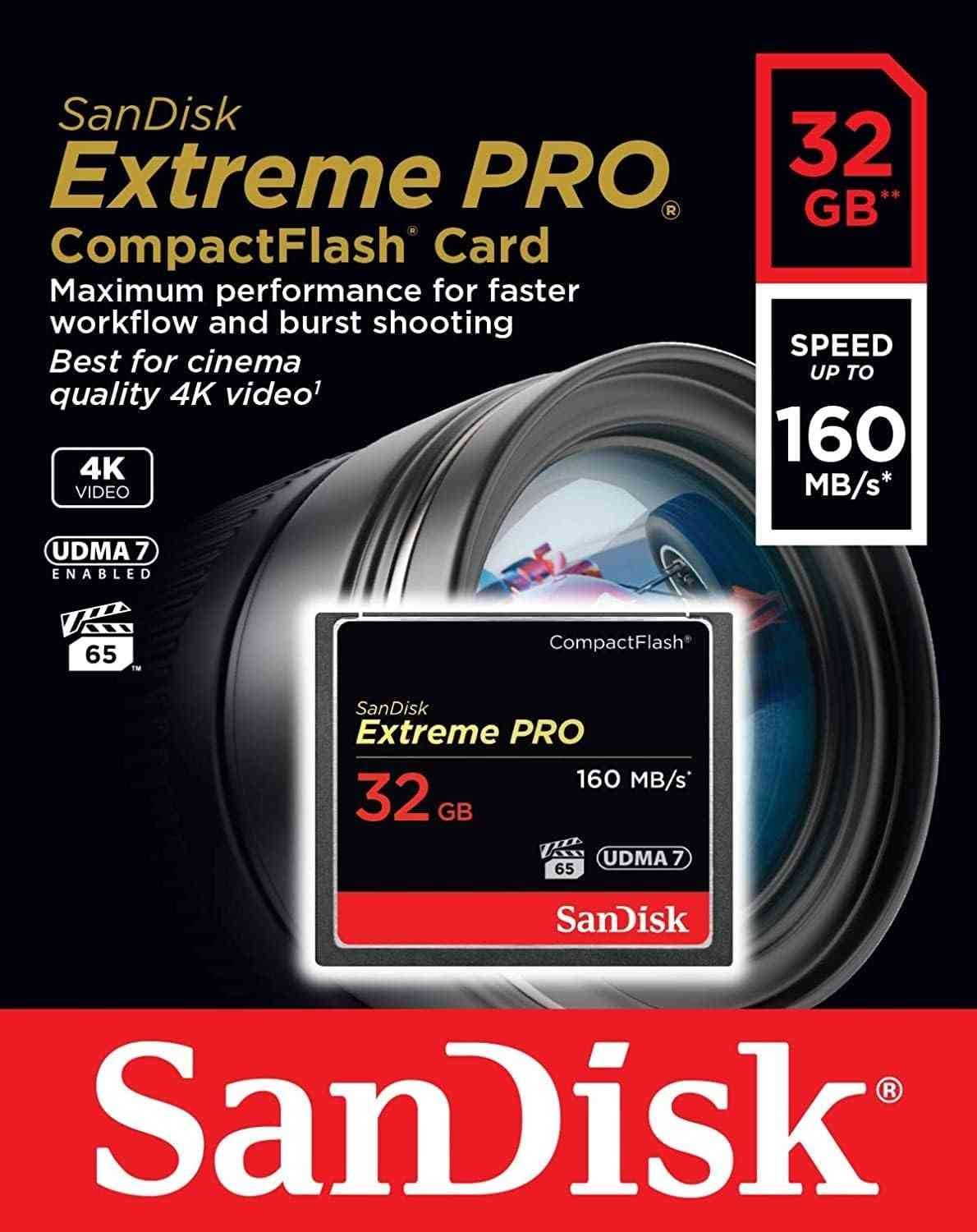 Card SanDisk 32GB SDCFXPS-032G-X46 Extreme PRO CompactFlash Memory Card UDMA 7 Speed Up To 160MB/s , Compatible for Tablet, Camera, Smartphone, Black