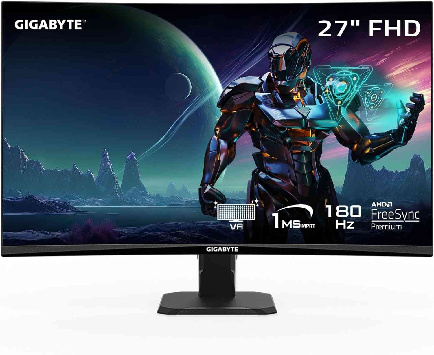 Monitor Gigabyte GS27FC 27 Inch 180Hz 1080P Curved Gaming Monitor | 1920 x 1080 VA 1500R Display, 1ms (MPRT) Response Time, HDR Ready, FreeSync Premium, 1x Display Port 1.4, 2X HDMI 2.0, Black