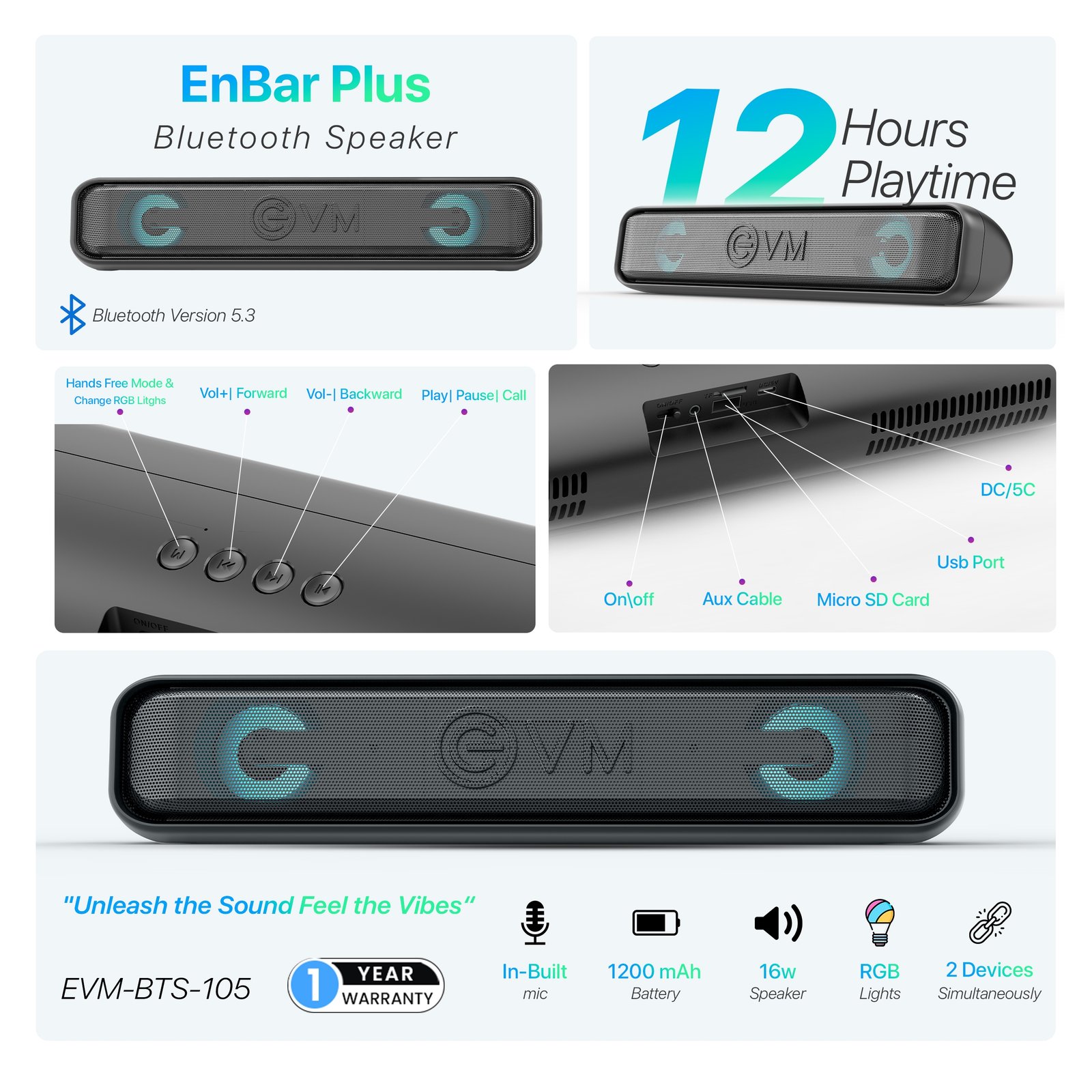 Speaker EVM EnBar Plus Bluetooth Speaker EVM-BTS-105 | 5.3 Bluetooth Version, 12 hours Playtime, RGB Lights, 16 W RMS, 5.2cm x 2 Speaker Driver, 1200 mAh Battery, USB Type-C Charging Input Port, Built-in Mic, Black
