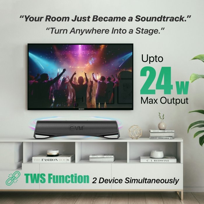 Speaker EVM EnBar Pro Bluetooth Speaker EVM-BTS-106 | 5.3 Bluetooth Version, 16 Hours Playtime, RGB Lights, 24 W RMS, 5.2cm x 2 Speaker Driver, 1200 mAh Battery, Built-in Mic, Black