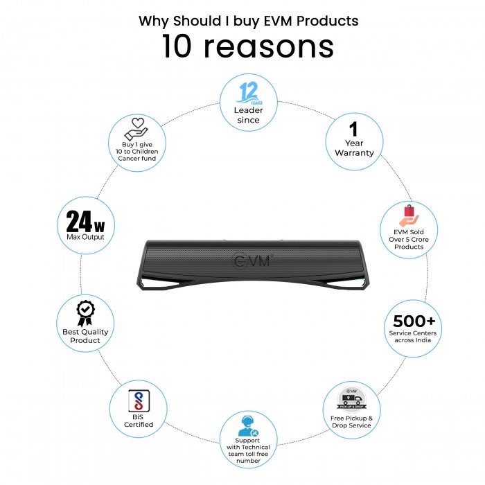 Speaker EVM EnBar Pro Bluetooth Speaker EVM-BTS-106 | 5.3 Bluetooth Version, 16 Hours Playtime, RGB Lights, 24 W RMS, 5.2cm x 2 Speaker Driver, 1200 mAh Battery, Built-in Mic, Black