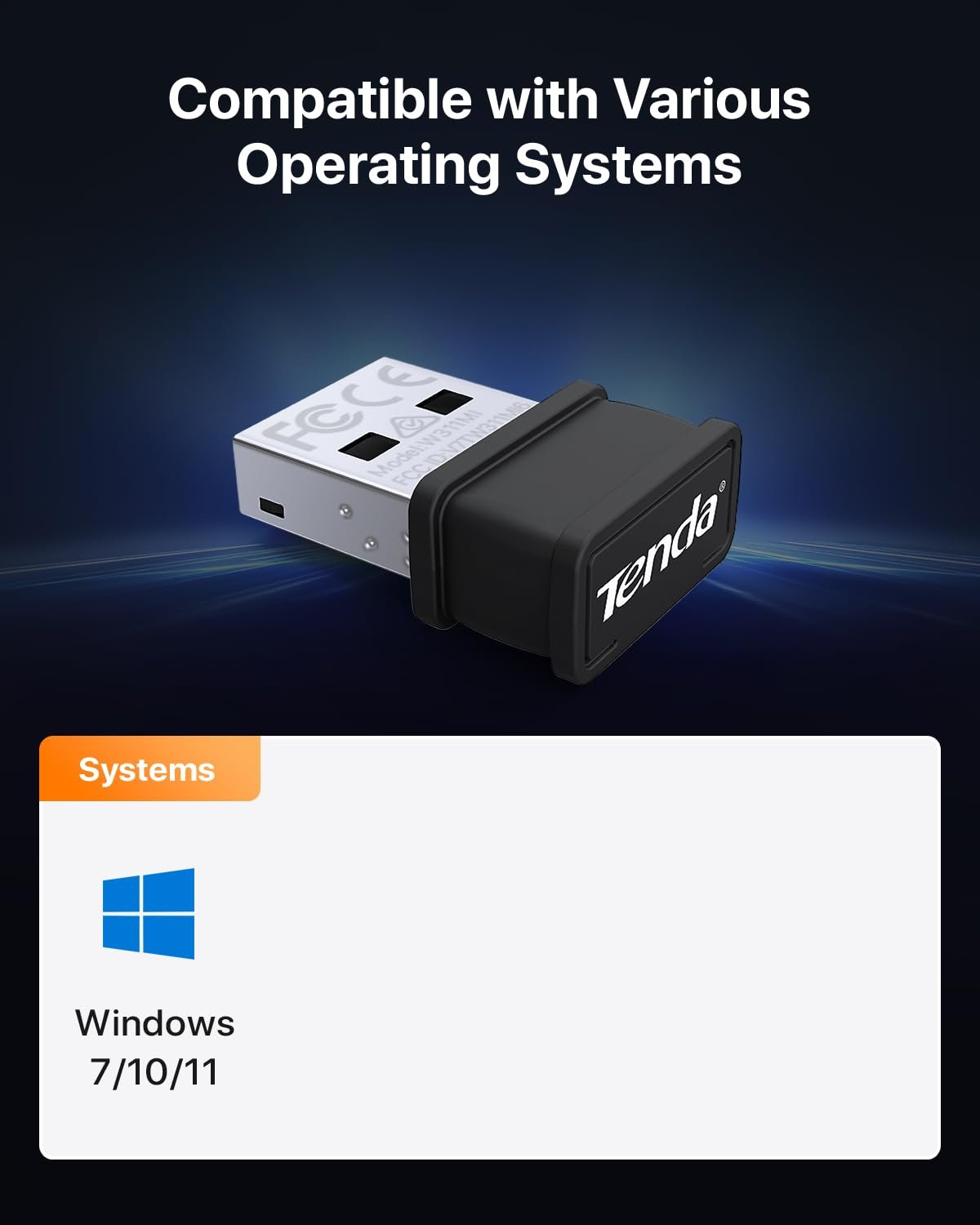 USB Adapter Tenda TE-W311MI-V6 AX300 Wi-Fi 6 Wireless Nano USB Adapter, USB 2.0 Type-A, Black
