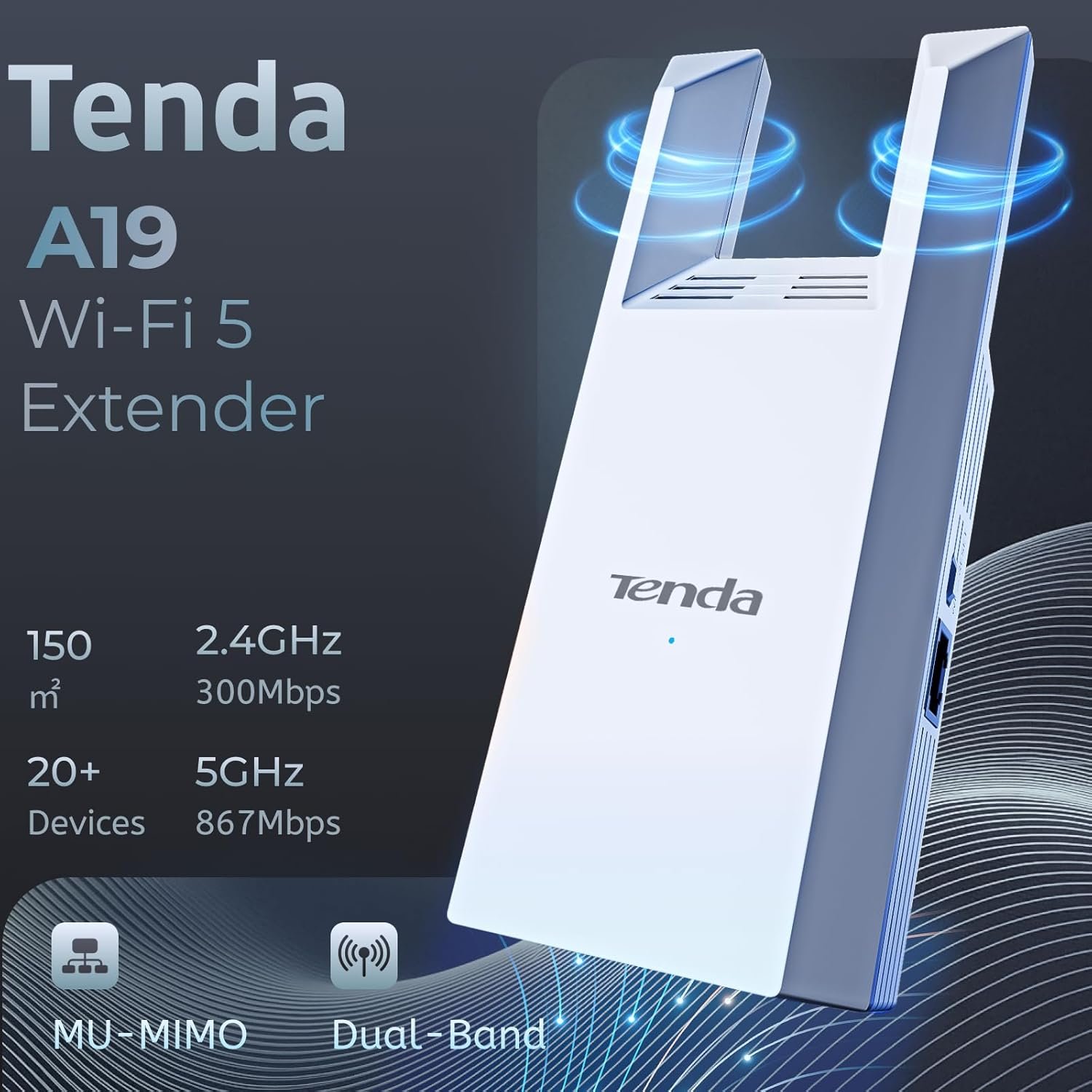 Range Extender Tenda TE-A19 AC1200 Dual Band Wi-Fi Range Extender with Ethernet Port, 5GHz, White