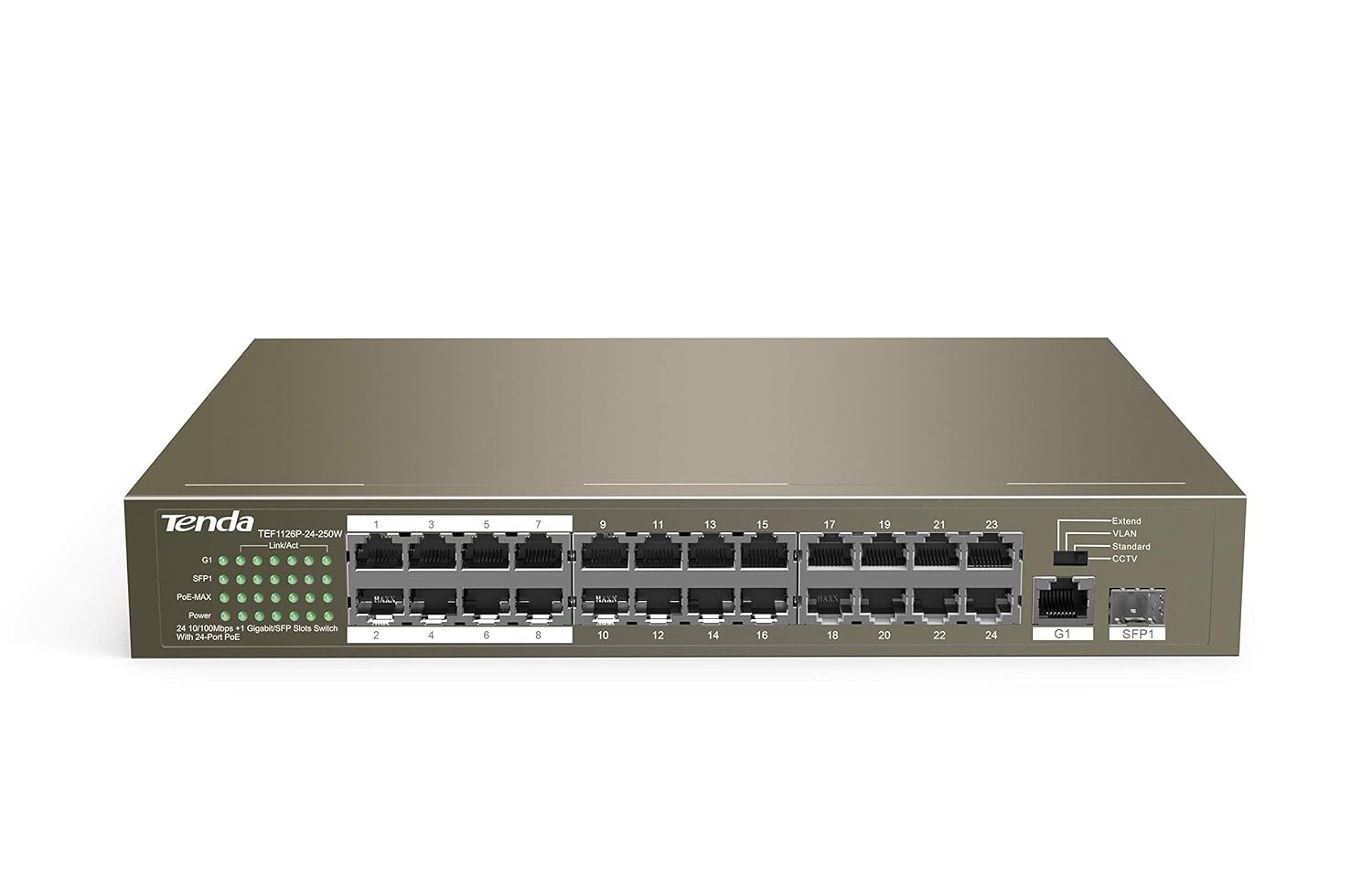 Switch Tenda TEF1126P-24-250W 24-Port 10/100 Mbps PoE Switch + 2 Gigabit Uplink + 1 SFP, 250W