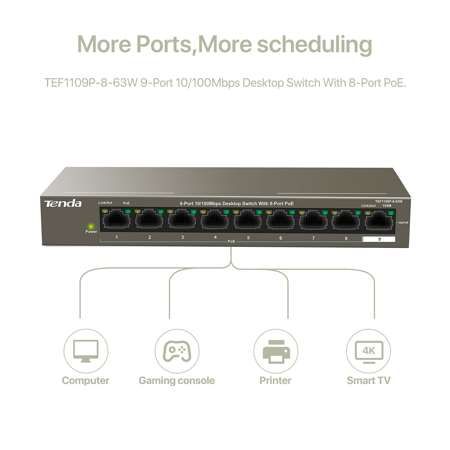 Switch Tenda TEF1109P-8-63W 9-Port 10/100 Mbps Unmanaged PoE Switch with 8-Port PoE, 63W