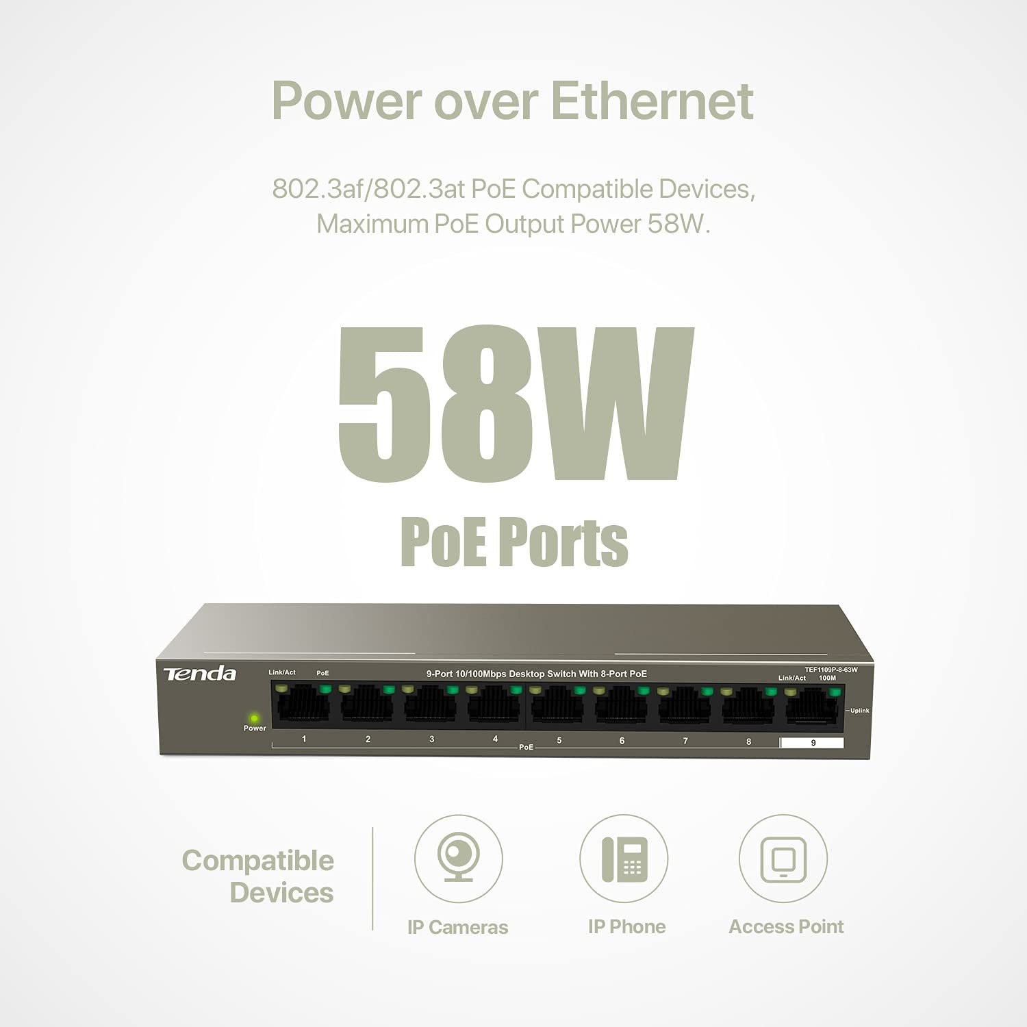 Switch Tenda TEF1109P-8-63W 9-Port 10/100 Mbps Unmanaged PoE Switch with 8-Port PoE, 63W