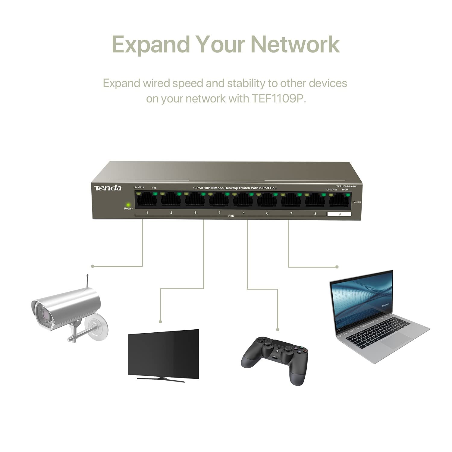 Switch Tenda TEF1109P-8-63W 9-Port 10/100 Mbps Unmanaged PoE Switch with 8-Port PoE, 63W