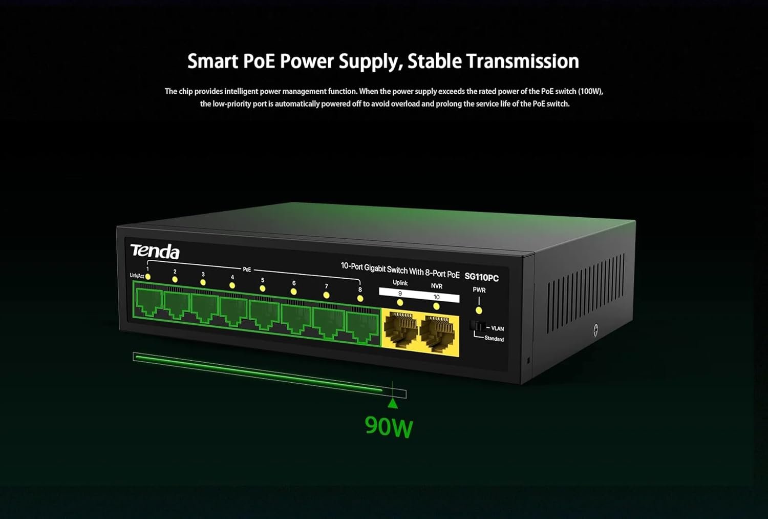 Switch Tenda TEI-S110GPC 10-Port Unmanaged PoE Switch + 2 Gigabit Uplink PoE Ports, Black