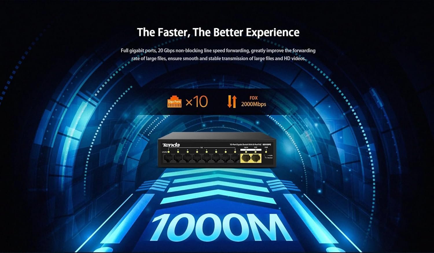 Switch Tenda TEI-S110GPC 10-Port Unmanaged PoE Switch + 2 Gigabit Uplink PoE Ports, Black