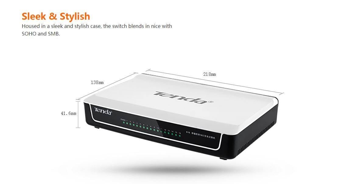 Switch Tenda TE-S16 16-Port 10/100 Mbps Fast Ethernet Desktop Switch, Plug & Play, White