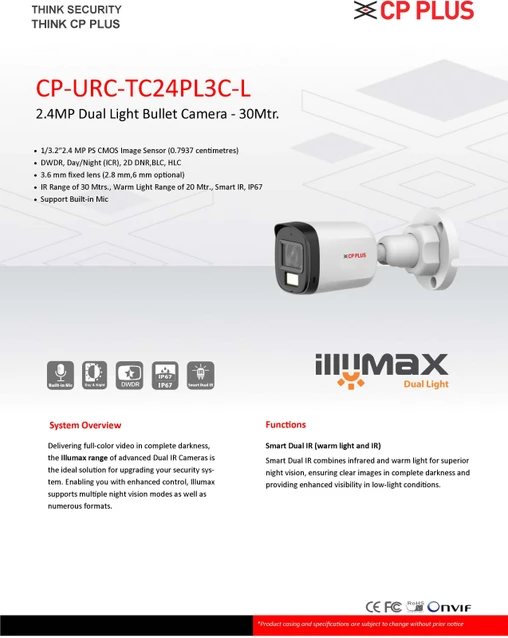 Security Camera CP Plus CP-URC-TC24PL3C-L-V2 | 2.4MP Illumax Dual Light Day/ Night Vision, In Warm Light (Color) & IR (B & W) Bullet Camera, IR Range of 30Mtr, 3.6mm Fixed Lens, Built-in Mic, White