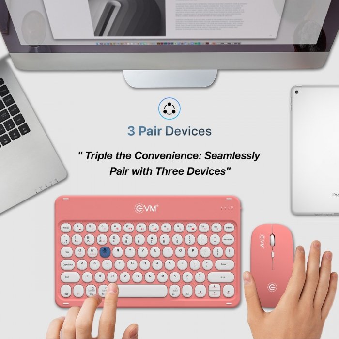 Keyboard & Mouse Combo EVM Rechargeable Wireless ENARC WLKM & EWLM-360 | Bluetooth 5.0 + 2.4GHz, Type-C charging, 1600 DPI mouse, USB receiver, smooth keys, silent click, slim & portable design, long battery life, peach & white