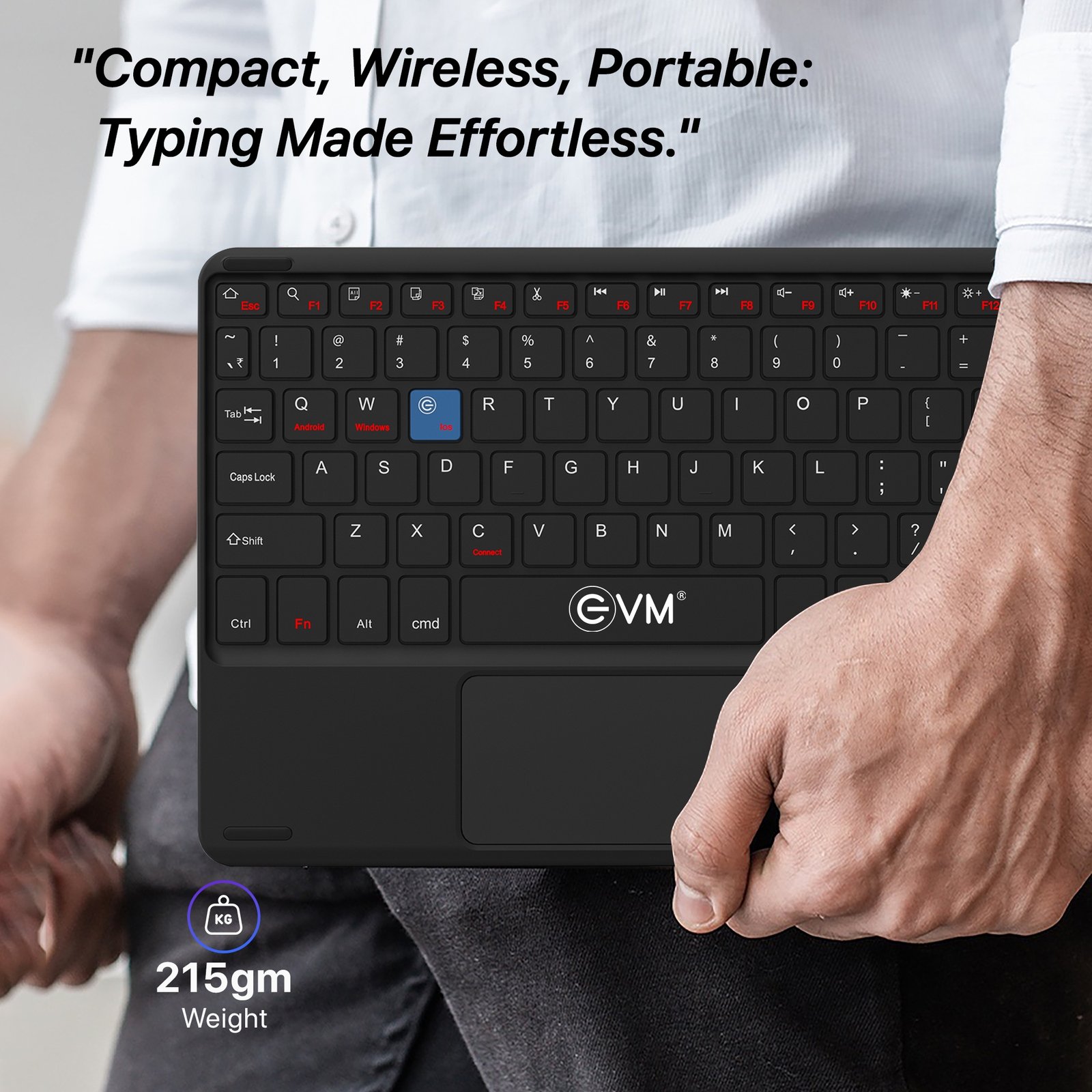 Keyboard EVM EnAir WLK-009 Rechargeable Wireless Keyboard With Touchpad | Bluetooth 5.0 With Type C Interface, 10 Million Clicks, Smooth Keystrokes, Support Windows, MacOS, Android, Linux, Chrome OS, Slim & Lightweight, Black