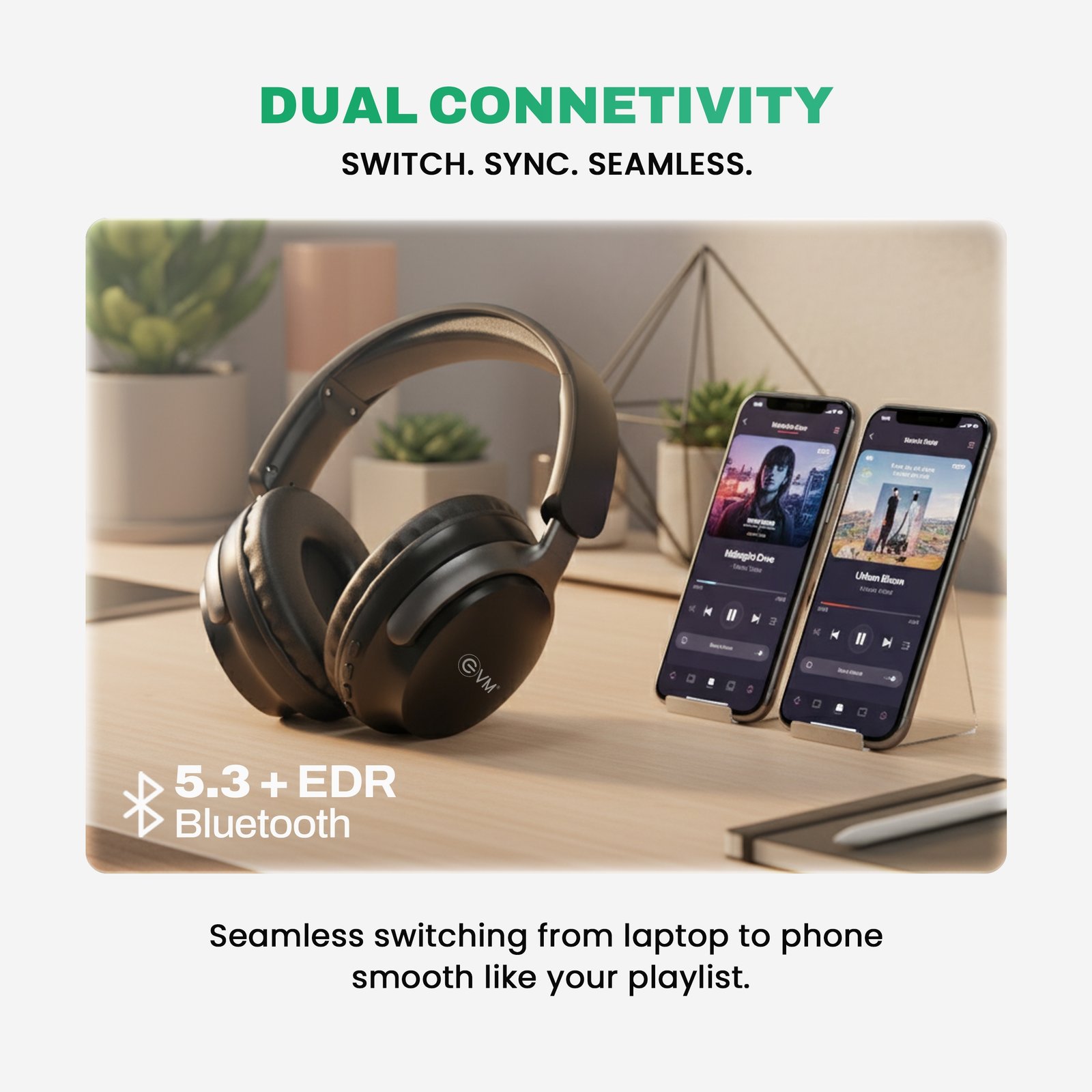 Headphone EVM EnSonic EVM-WHF-01 | Wireless Blutooth Headphone With Mic, 40 Hours Playtime, Dual Connectivity, Bluetooth 5.3 + EDR, 400mAh Rechargeable Battery, Type-C Interface, Aux Cable Interface, Raised Buttons, 40mm Speaker Driver, Black