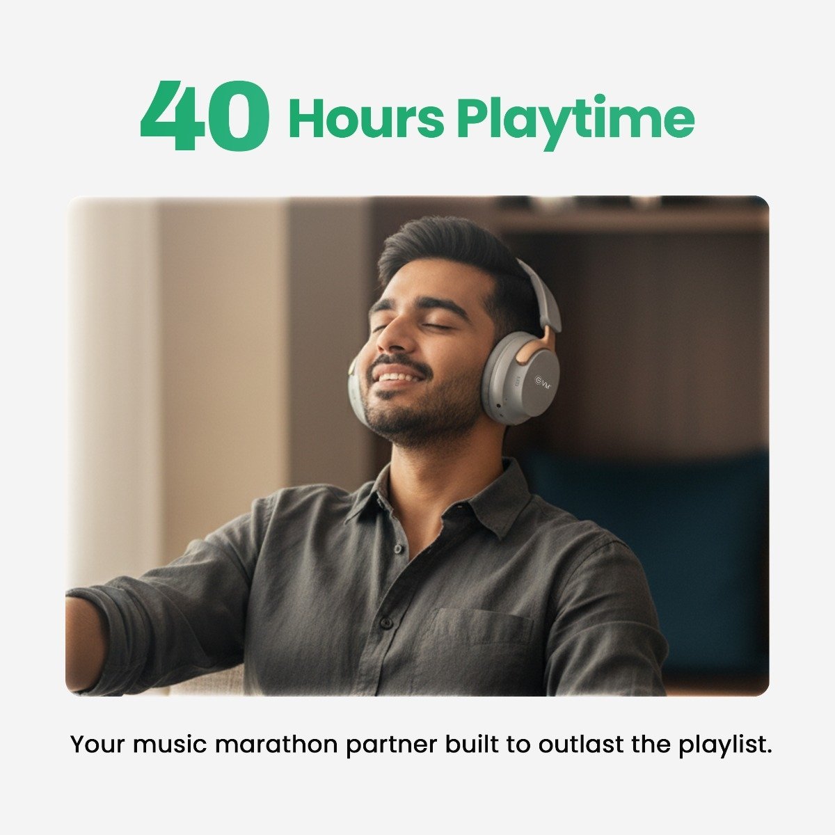 Headphone EVM EnSonic EVM-WHF-01 | Wireless Blutooth Headphone With Mic, 40 Hours Playtime, Dual Connectivity, Bluetooth 5.3 + EDR, 400mAh Rechargeable Battery, Type-C Interface, Aux Cable Interface, Raised Buttons, 40mm Speaker Driver, Grey