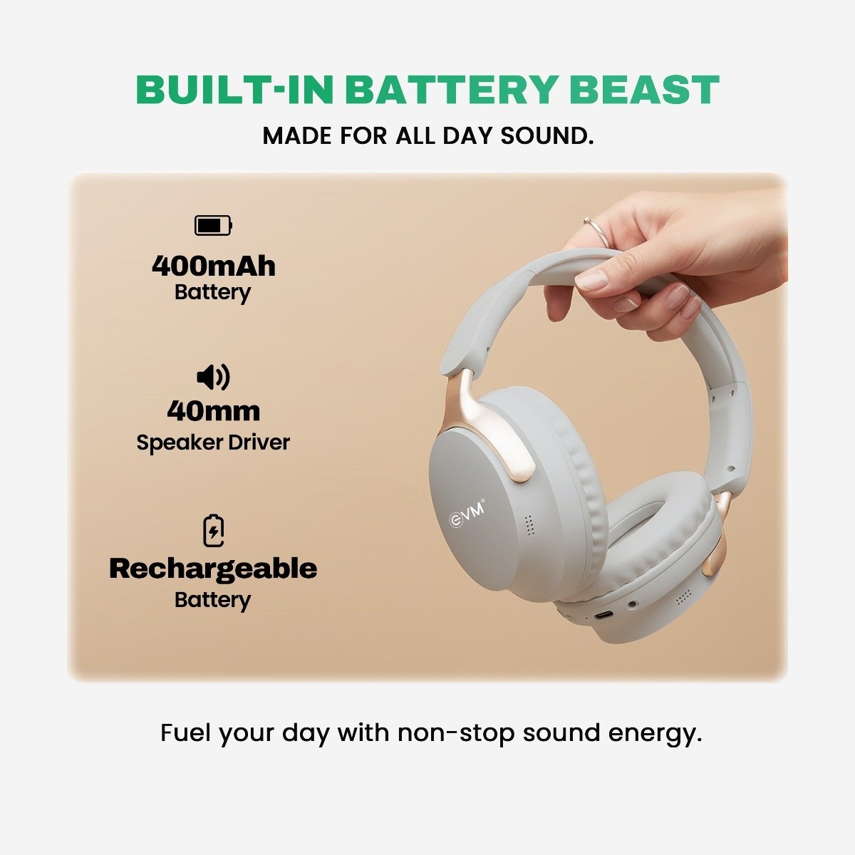Headphone EVM EnSonic EVM-WHF-01 | Wireless Blutooth Headphone With Mic, 40 Hours Playtime, Dual Connectivity, Bluetooth 5.3 + EDR, 400mAh Rechargeable Battery, Type-C Interface, Aux Cable Interface, Raised Buttons, 40mm Speaker Driver, Grey