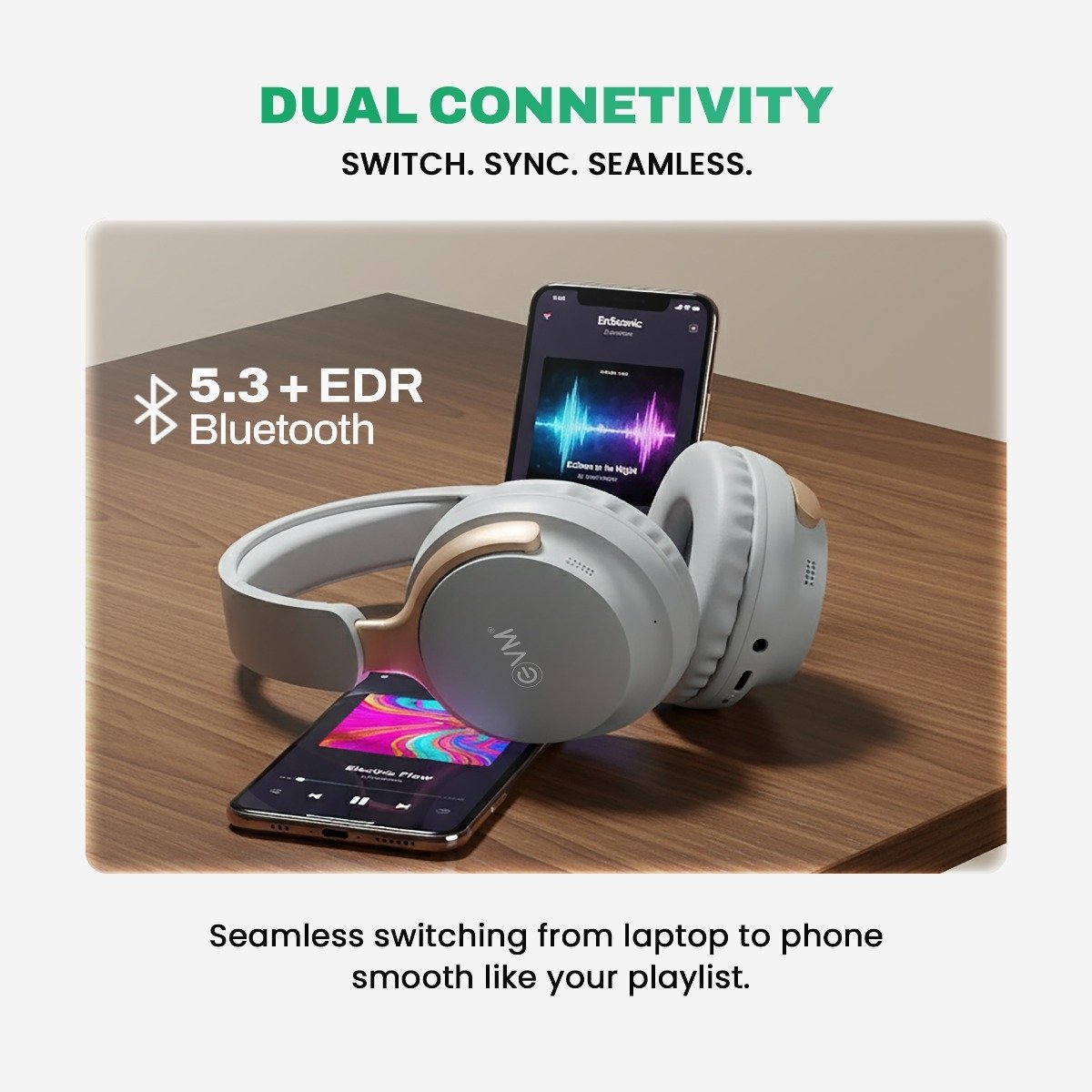 Headphone EVM EnSonic EVM-WHF-01 | Wireless Blutooth Headphone With Mic, 40 Hours Playtime, Dual Connectivity, Bluetooth 5.3 + EDR, 400mAh Rechargeable Battery, Type-C Interface, Aux Cable Interface, Raised Buttons, 40mm Speaker Driver, Grey
