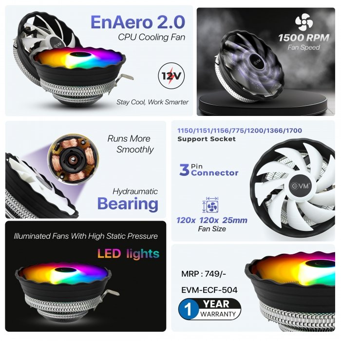CPU Cooling Fan EVM EnAero 2.0 EVM-ECF-504 | 12V, 120mm fan, 1500RPM, hydraulic bearing, LED light, supports Intel (1150/1151/1155/1156/775/1366/1200/1700) & AMD sockets, efficient cooling, durable design, black