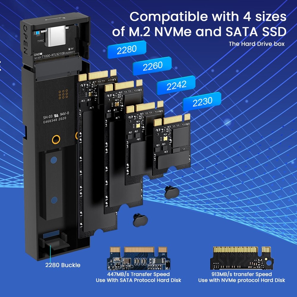 Casing EVM M.2 NGFF & NVMe 2 in 1 Enclosure EVM-CG-001 | USB 3.1 Gen 2 M.2 SATA & NVMe SSD Case, Portable External Enclosure with Type-C Output, 10Gbps Data Transfer