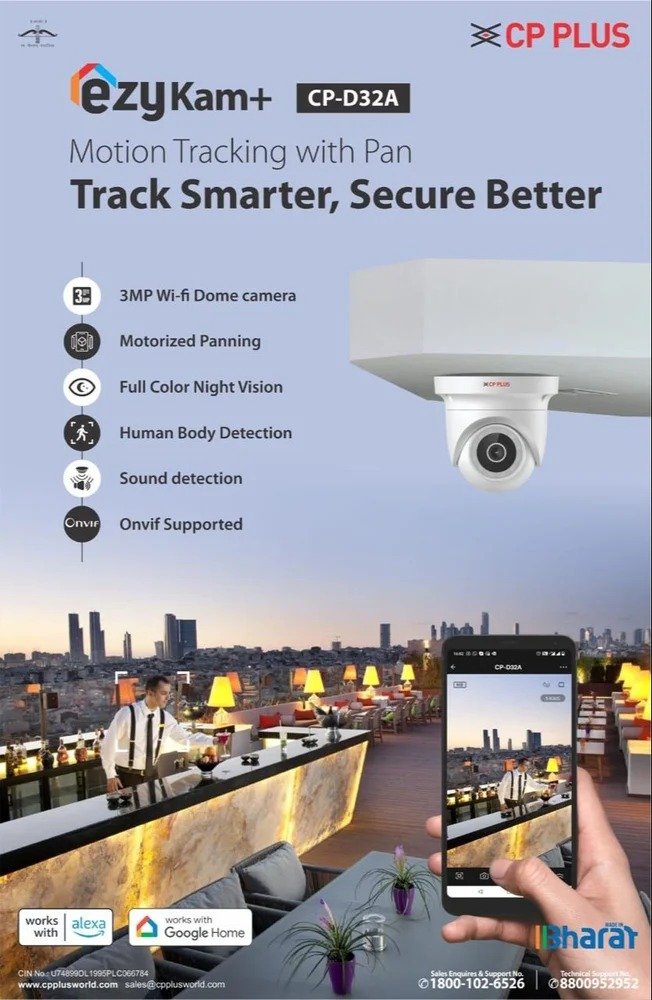 Security Camera CP Plus EzyKam CP-D32A | 3MP Wi-Fi PT Camera, IR Range Upto 15 Mtr, Two Way Audio, Support Micro SD Card Upto 256GB