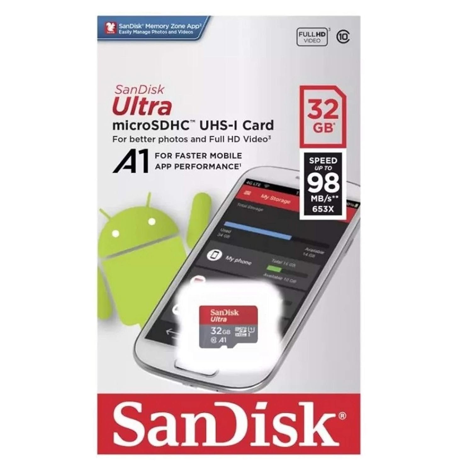 Card Micro SD SanDisk 32GB Ultra microSDHC UHS-I Memory Card - 98MB/s, C10, U1, A1, Full HD | SDSQUAR-032G-GN6MN
