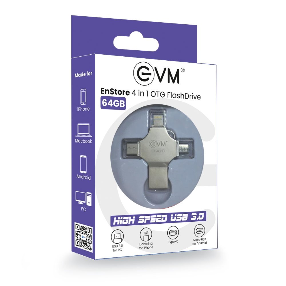 Pendrive EVM 64GB EnStore 4 in 1 OTG USB 3.0 Flashdrive | Read Speed of 100Mb/s with Light-ning, Micro USB, USB A, Type-C Connector, Silver