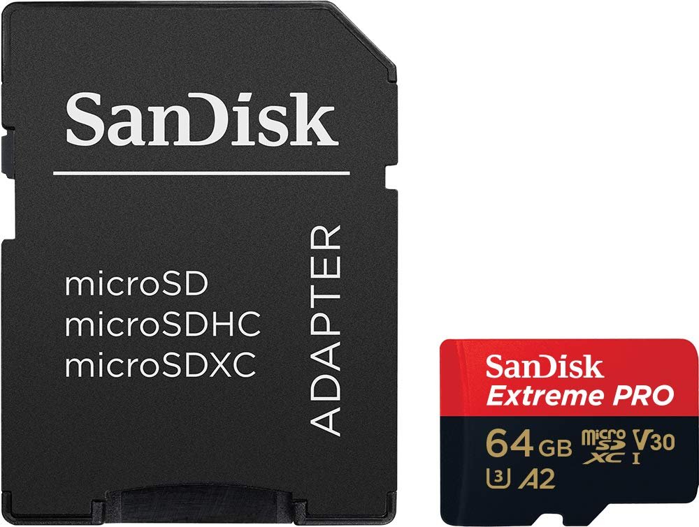 Card MicroSD SanDisk 64GB Extreme PRO microSDXC UHS-I Card with Adapter - C10, U3, V30, A2, 200MB/s Read, 90MB/s Write | SDSQXCU-064G-GN6MA