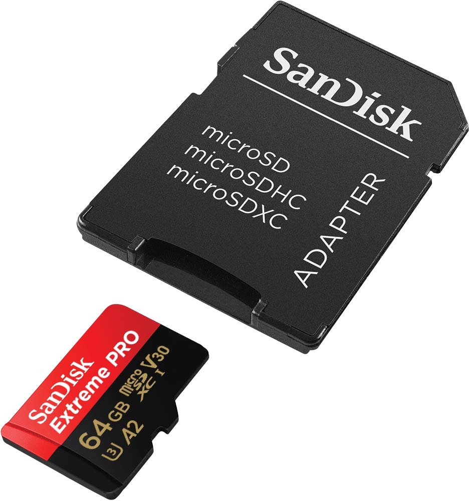 Card MicroSD SanDisk 64GB Extreme PRO microSDXC UHS-I Card with Adapter - C10, U3, V30, A2, 200MB/s Read, 90MB/s Write | SDSQXCU-064G-GN6MA
