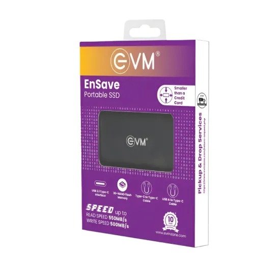 Harddisk EVM EnSave 1TB External SSD EPSSD/1T | Smallest Portable SSD With 550 Mb/s Read & 500 Mb/s Write Speed, USB 3.1 Gen 2 Type C, Compatible with All PCs & Laptops With USB Port, Black