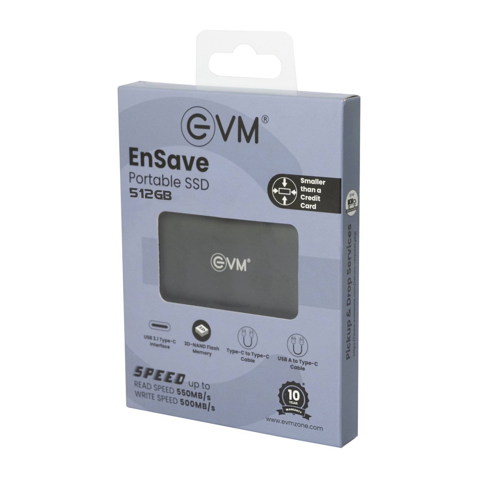 Harddisk EVM EnSave 512GB External SSD EPSSD/512G | Smallest Portable SSD With 550 Mb/s Read & 500 Mb/s Write Speed, USB 3.1 Gen 2 Type C, Compatible With All PCs & Laptops With USB Port, Black