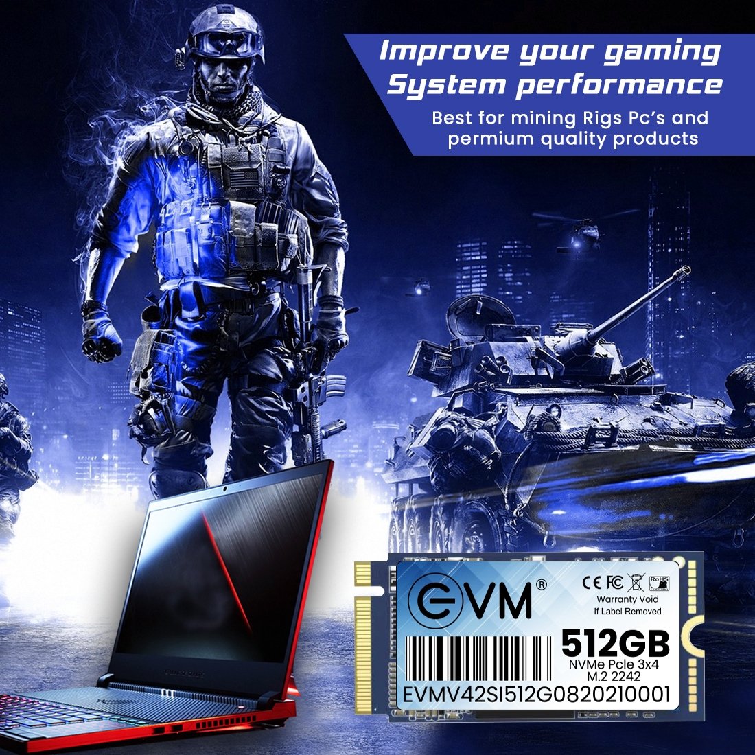 Harddisk EVM EVMNV42/512GB M.2 NVME PCle Gen 3x4 (2242) SSD | 3D NAND Flash, High Speed Performance Up to 2000MB/s Read & 1600MB/s Write Speed, SATA III 6Gb/s Interface, Black