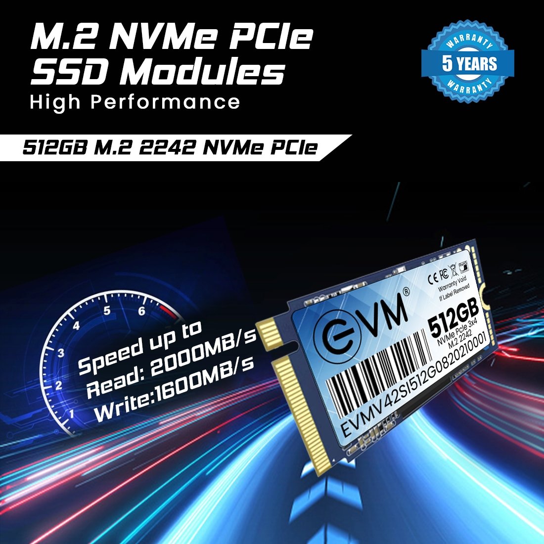 Harddisk EVM EVMNV42/512GB M.2 NVME PCle Gen 3x4 (2242) SSD | 3D NAND Flash, High Speed Performance Up to 2000MB/s Read & 1600MB/s Write Speed, SATA III 6Gb/s Interface, Black