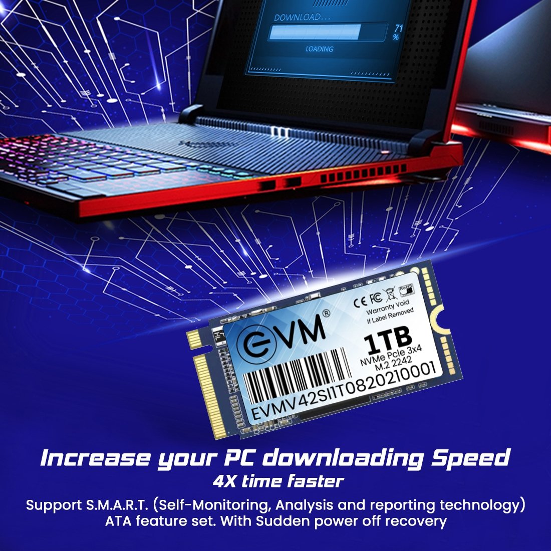 Harddisk EVM EVMNV42/1TB M.2 NVME PCle Gen 3x4 (2242) SSD | 3D NAND Flash, High Speed Performance Up to 2100MB/s Read & 1900MB/s Write Speed, SATA III 6Gb/s Interface, Black