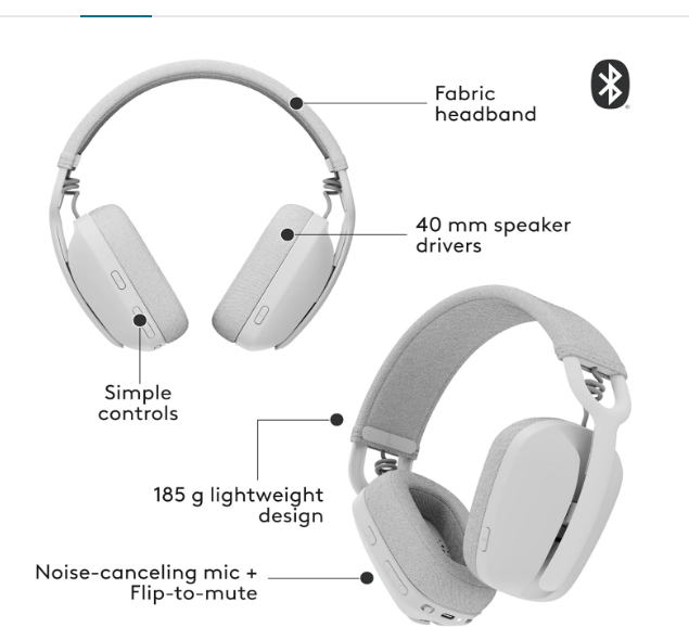 Headphone Logitech Zone Vibe 300 | Wireless Bluetooth Over Ear Headset With Noise Cancelling Microphone, Compatible with Windows, Mac, Chrome, Linux, iOS, iPados, Android, Graphite
