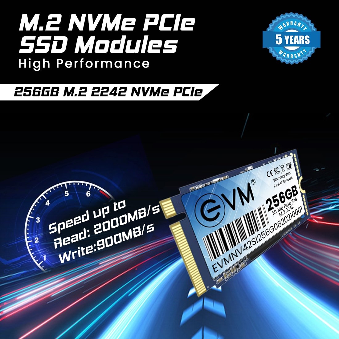 Harddisk EVM EVMNV42/256GB M.2 NVME PCle Gen 3x4 (2242) SSD | 3D NAND Flash, High Speed Performance Up to 2000MB/s Read & 900MB/s Write Speed, SATA III 6Gb/s Interface, Black