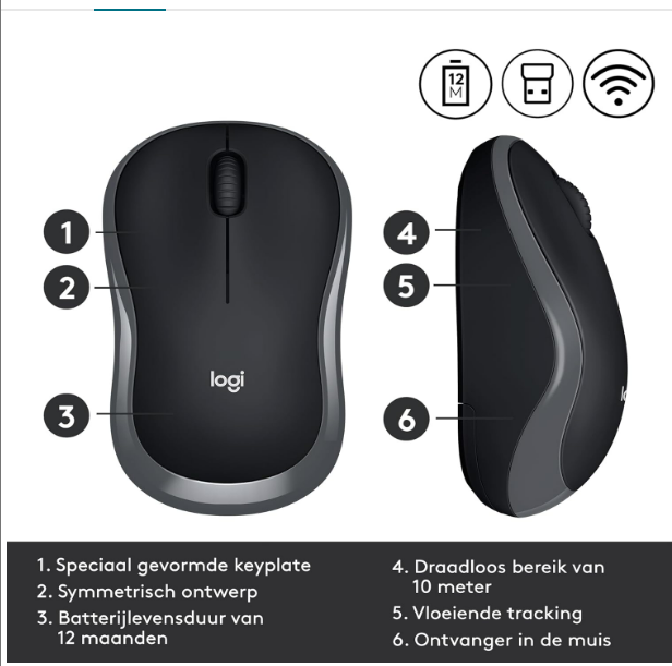 Mouse Logitech M185 Wireless Mouse USB for PC Windows, Mac and Linux, with Ambidextrous Design - Swift Grey
