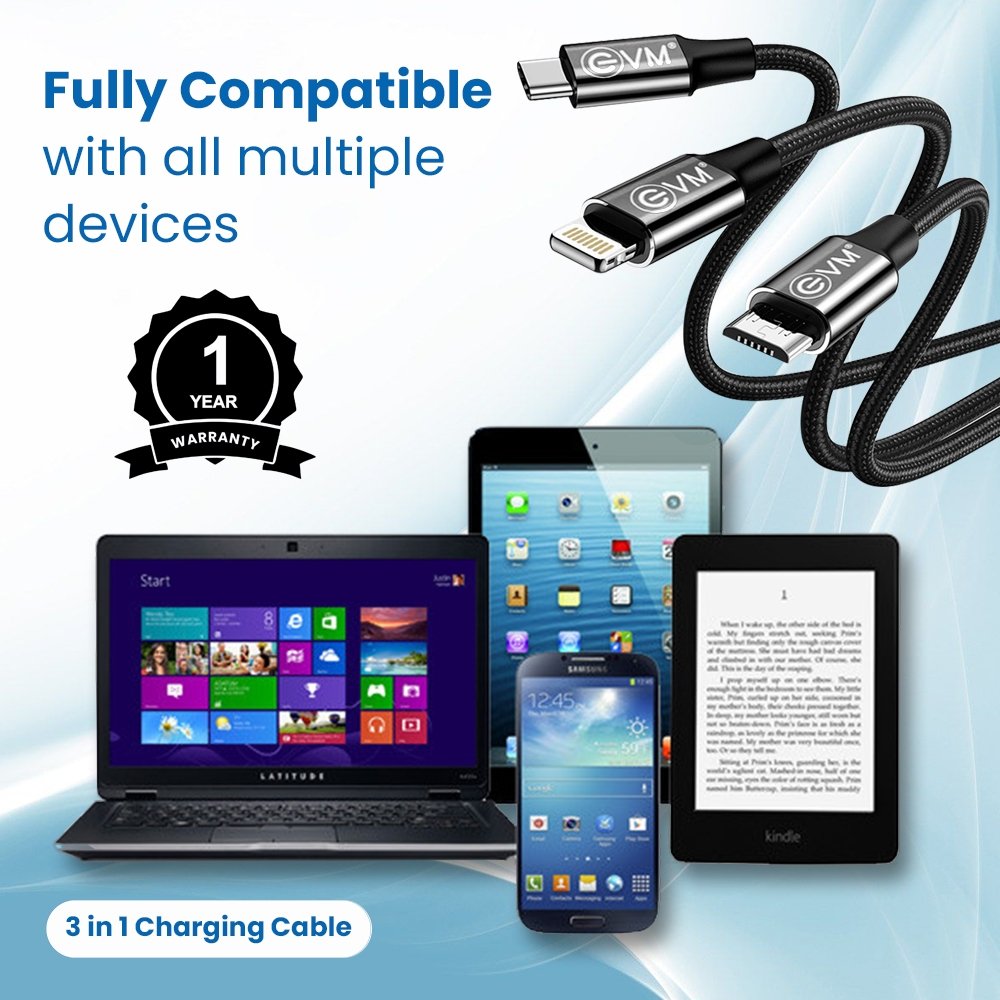 Cable EVM 3-in-1 (Micro USB + Lightning + Type C) Charging Cable 1.2Mtr EVM-M-3 Nylon Braided With Metal Head | High Speed, Sturdy & Durable, Tangle Free, 10,000+ Bend