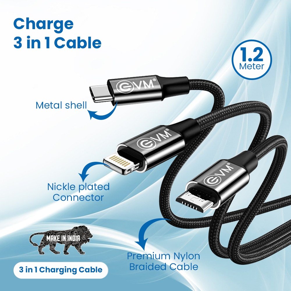 Cable EVM 3-in-1 (Micro USB + Lightning + Type C) Charging Cable 1.2Mtr EVM-M-3 Nylon Braided With Metal Head | High Speed, Sturdy & Durable, Tangle Free, 10,000+ Bend